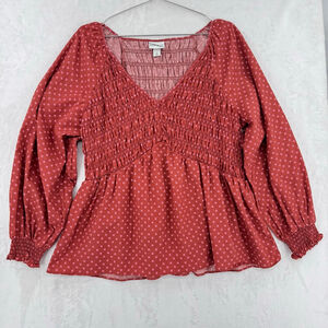 Ava + Viv Rust Orange Ruched Babydoll Top Long Sleeves Prairie Boho 100% Cotton